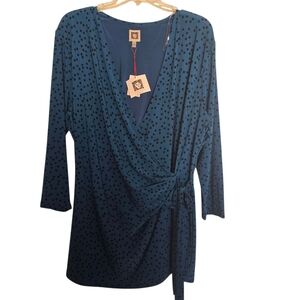 NWT Anne Klein Faux Wrap Top Teal with Black Polka Dots